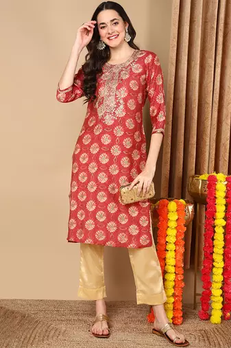 Women red printed silk ethnic kurti