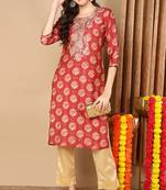 Women red printed silk ethnic kurti