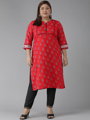 Women'S Plus Size Cotton Slub Floral Printed Straight Kurti (Red) 1