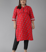 Women'S Plus Size Cotton Slub Floral Printed Straight Kurti (Red)