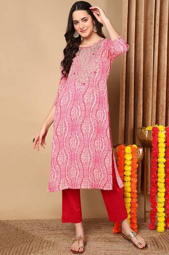 Women pink printed rayon ethnic kurti