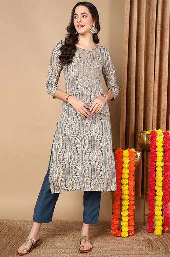 Women beige printed rayon ethnic kurti
