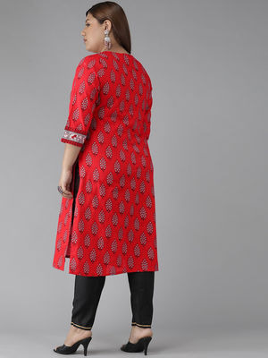 Women'S Plus Size Cotton Slub Floral Printed Straight Kurti (Red) 2