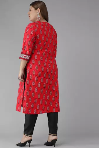 Women'S Plus Size Cotton Slub Floral Printed Straight Kurti (Red)