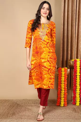 Women orange printed rayon ethnic kurti