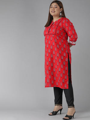 Women'S Plus Size Cotton Slub Floral Printed Straight Kurti (Red) 3
