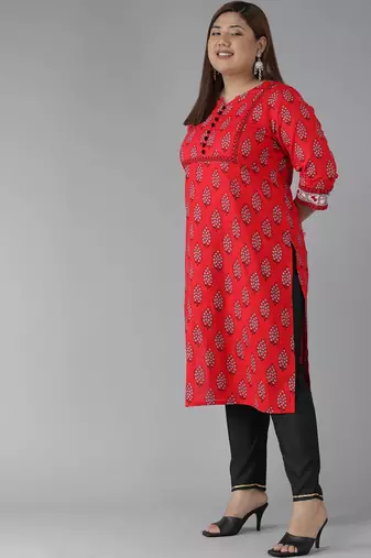Women'S Plus Size Cotton Slub Floral Printed Straight Kurti (Red)