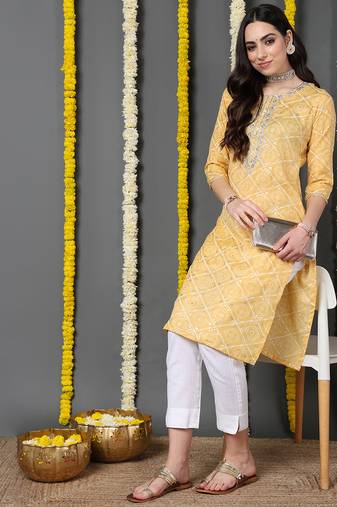 Women yellow printed cotton ethnic kurti