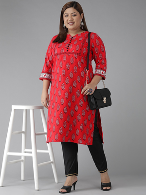 Women'S Plus Size Cotton Slub Floral Printed Straight Kurti (Red) 4