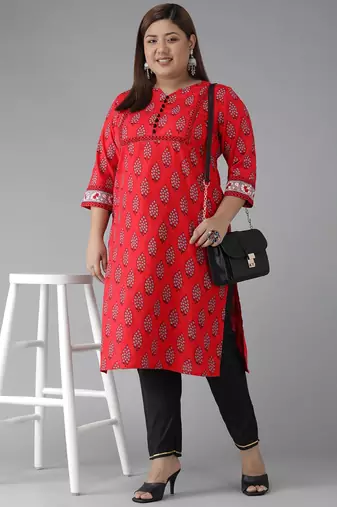 Women'S Plus Size Cotton Slub Floral Printed Straight Kurti (Red)