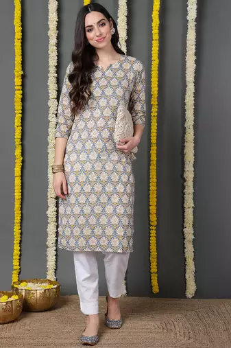 Women blue printed cotton ethnic kurti