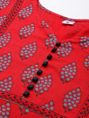 Women'S Plus Size Cotton Slub Floral Printed Straight Kurti (Red) 5