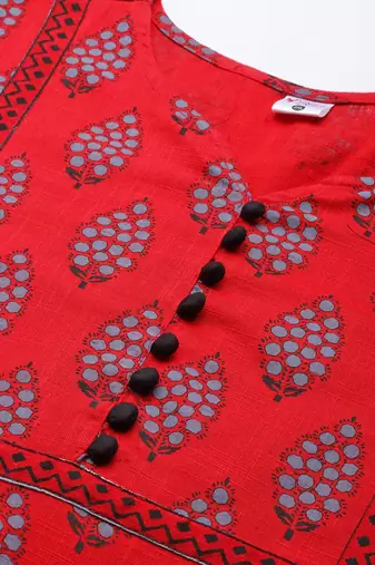 Women'S Plus Size Cotton Slub Floral Printed Straight Kurti (Red)