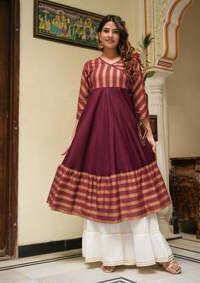 Women'S Rayon Stripe Printed Anarkali Kurti (Maroon) 1