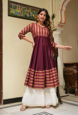 Women'S Rayon Stripe Printed Anarkali Kurti (Maroon) 2