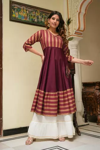 Women'S Rayon Stripe Printed Anarkali Kurti (Maroon)