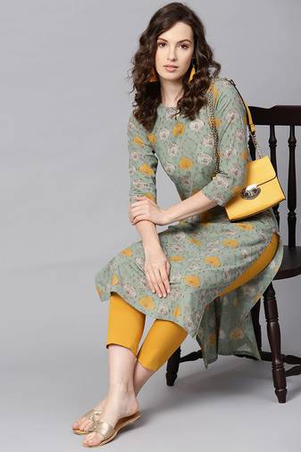 Women green printed rayon ethnic kurti