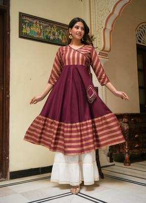 Women'S Rayon Stripe Printed Anarkali Kurti (Maroon) 3