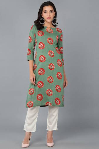Women green printed cotton ethnic kurti