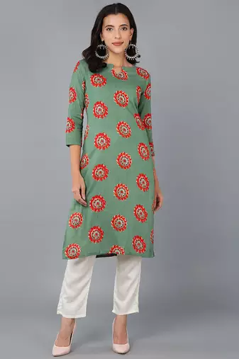 Women green printed cotton ethnic kurti