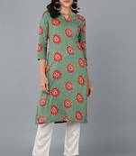 Women green printed cotton ethnic kurti