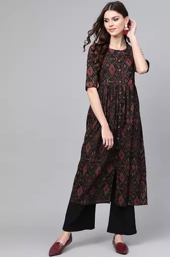 Women black printed rayon ethnic kurti