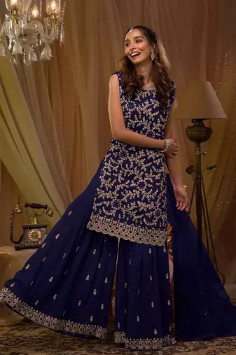 Blue embroidered faux georgette salwar suit