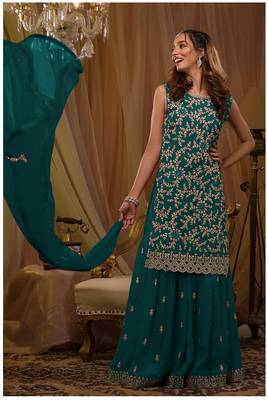 Sea-green embroidered faux georgette salwar suit 1