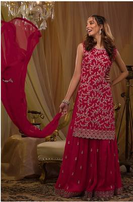 Rani-pink embroidered faux georgette salwar suit 1