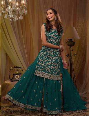 Sea-green embroidered faux georgette salwar suit 2