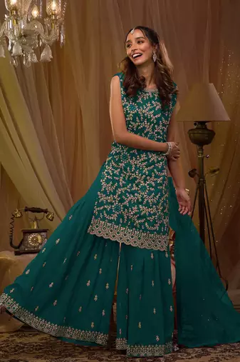 Sea-green embroidered faux georgette salwar suit