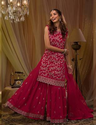 Rani-pink embroidered faux georgette salwar suit 2