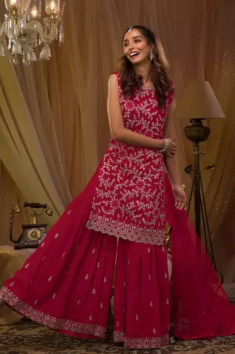 Rani-pink embroidered faux georgette salwar suit