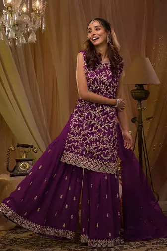 Purple embroidered faux georgette salwar suit