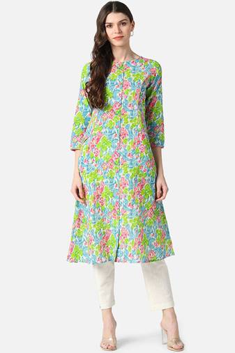 Women blue printed rayon ethnic kurti