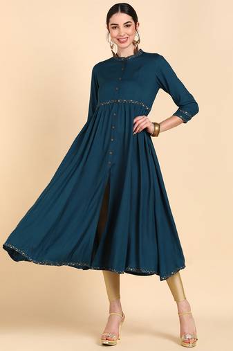 Women teal printed cotton ethnic kurti