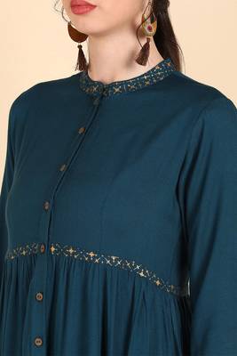 Women teal printed cotton ethnic kurti 2