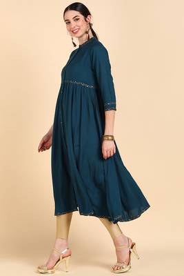 Women teal printed cotton ethnic kurti 4