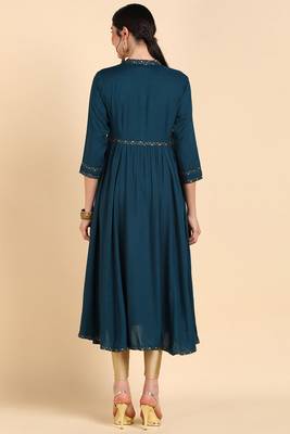 Women teal printed cotton ethnic kurti 5