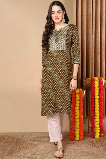 Women green printed rayon ethnic kurti