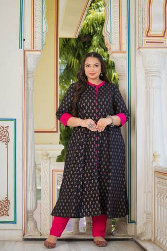Women'S Plus Size Rayon Floral Print Anarkali Kurti (Black)