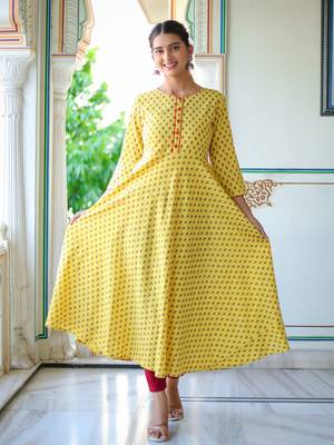 Women'S Floral Printed Anarkali Kurti (Yellow) 1