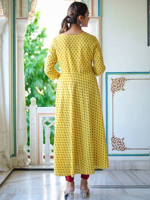 Women'S Floral Printed Anarkali Kurti (Yellow) 2