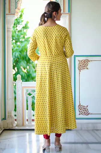 Women'S Floral Printed Anarkali Kurti (Yellow)