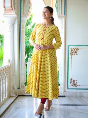 Women'S Floral Printed Anarkali Kurti (Yellow) 3
