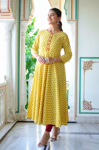 Women'S Floral Printed Anarkali Kurti (Yellow)