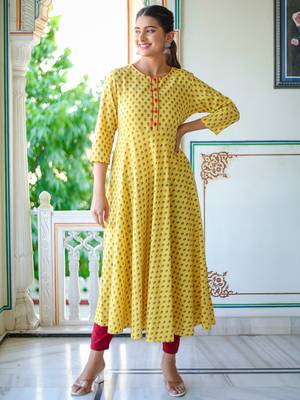 Women'S Floral Printed Anarkali Kurti (Yellow) 4