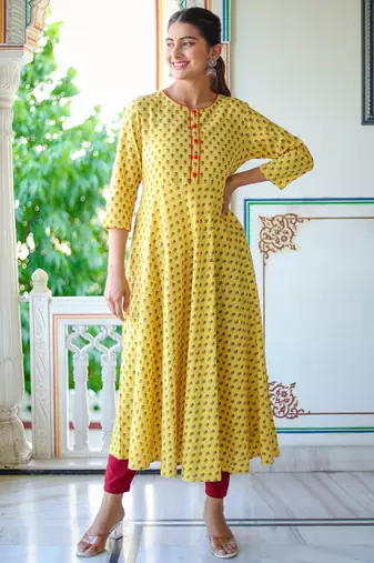 Women'S Floral Printed Anarkali Kurti (Yellow)