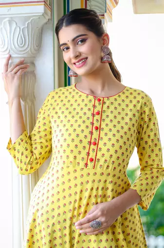Women'S Floral Printed Anarkali Kurti (Yellow)
