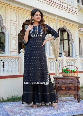 Women'S Rayon Geomatrical Printed Kurti (Black) 1